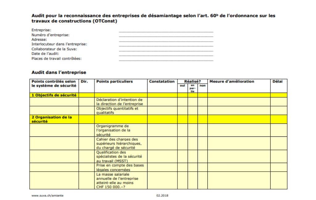 capture du questionnaire de reconnaissance de la SUVA destiné à une entreprise de désamiantage